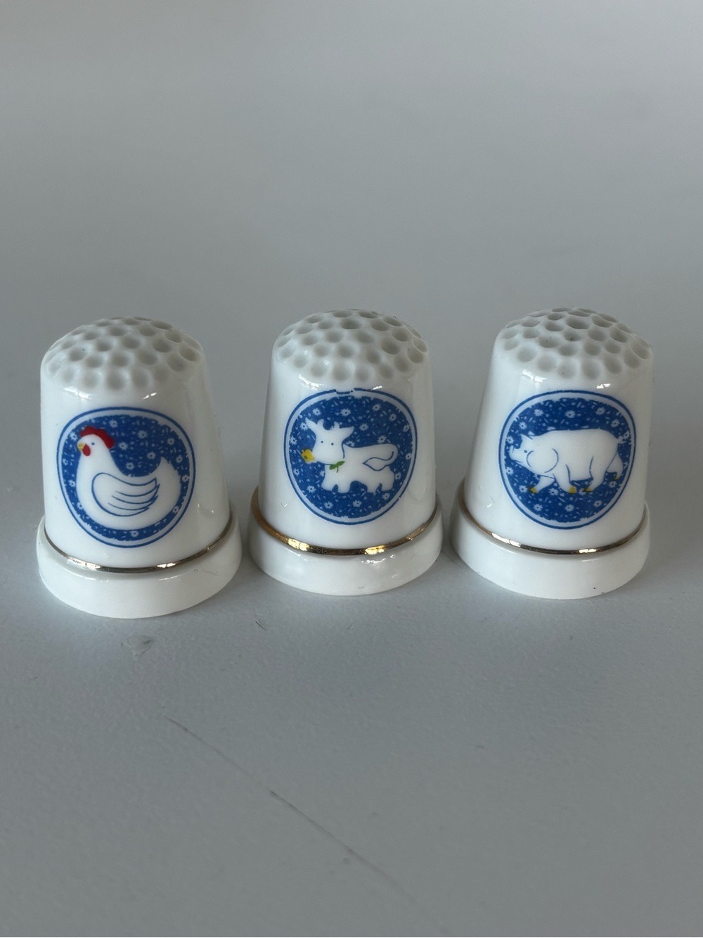 Set of 3 Vintage Porcelain Thimbles with Farm Animal Designs